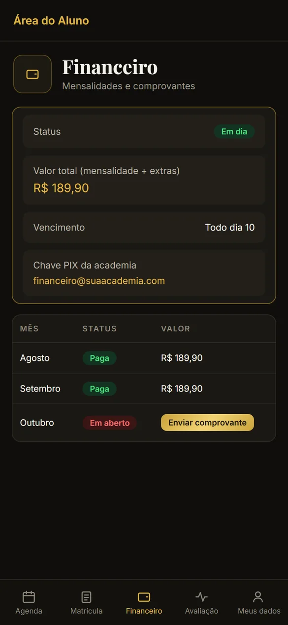 Financeiro do aluno com status da mensalidade, chave PIX e envio de comprovante