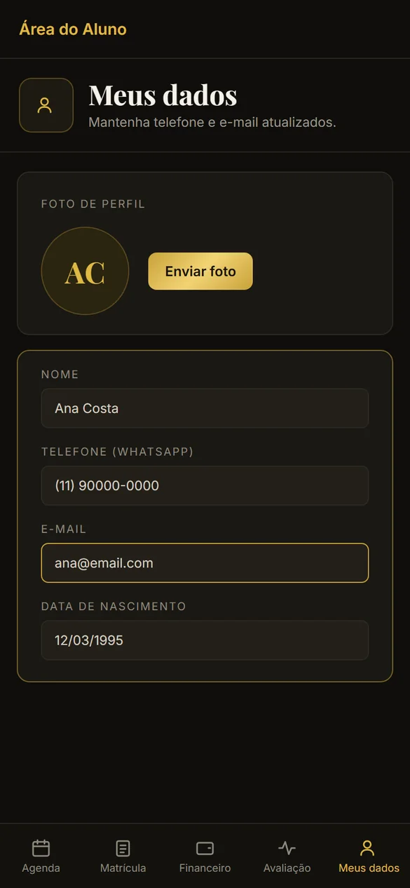 Tela de dados cadastrais do aluno com foto de perfil