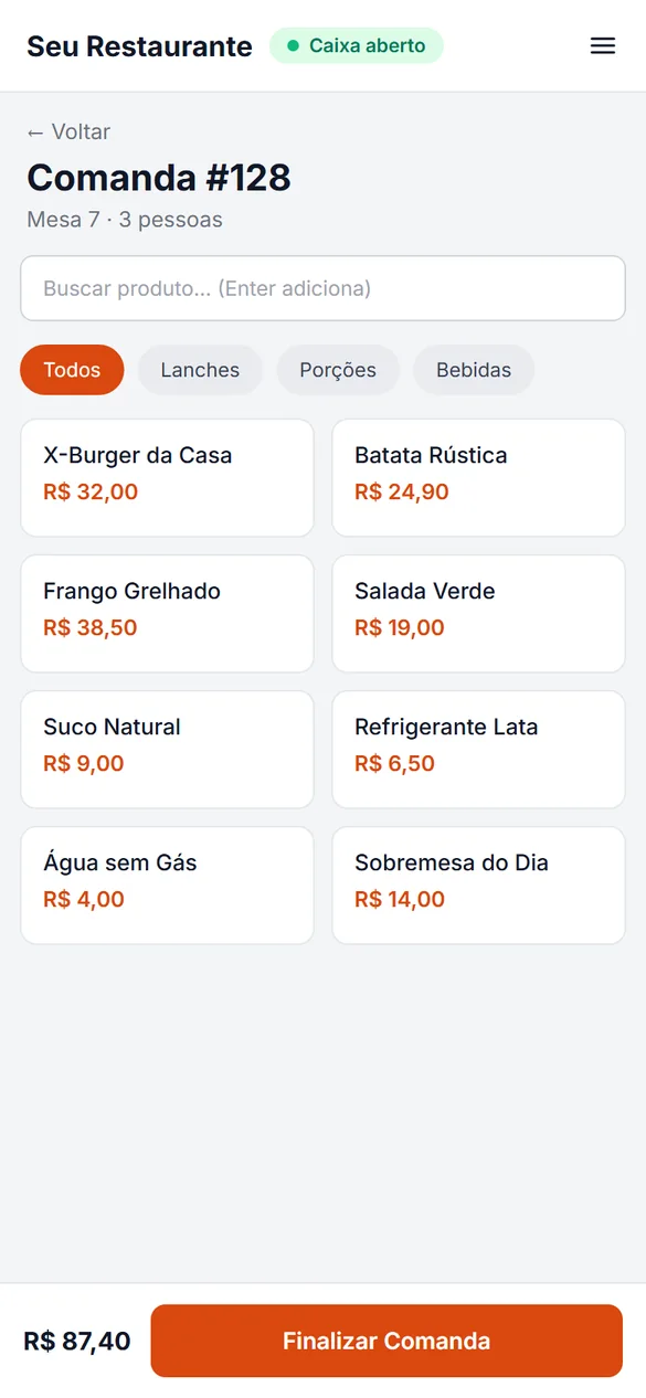 Comanda aberta com busca de produtos por categoria e total para finalizar