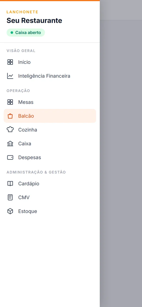 Menu do sistema com mesas, balcão, cozinha, caixa, cardápio, CMV e estoque