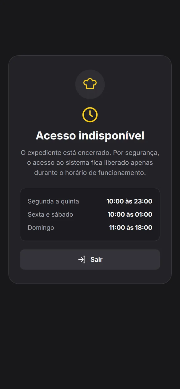 Tela de acesso bloqueado fora do horário de funcionamento, com os horários liberados por dia